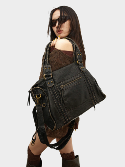 Vintage Black Leather Satchel Bag - Jenny