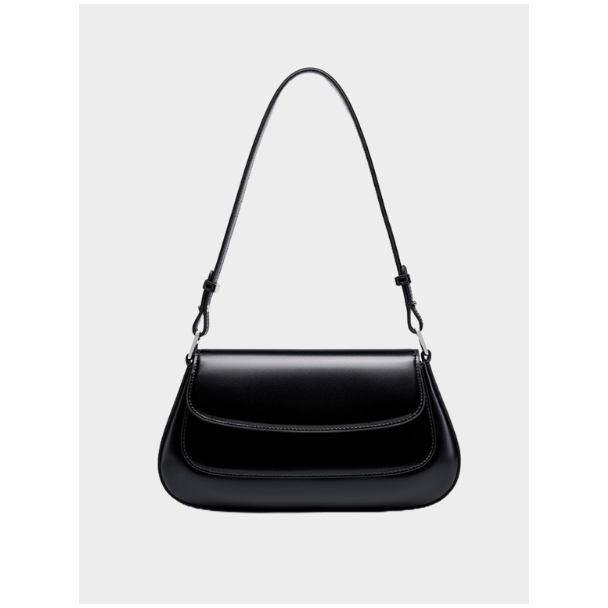 Sleek Black Leather Baguette Shoulder Bag - Leather Bag 011