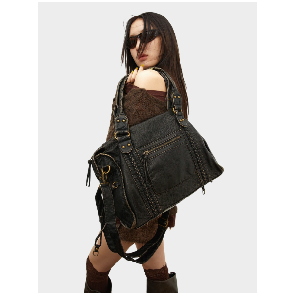 Vintage Black Leather Satchel Bag - Jenny