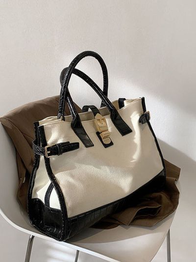 Sac à main femme avec bandoulière en toile grand sac travail blanc/noir - Sabrina