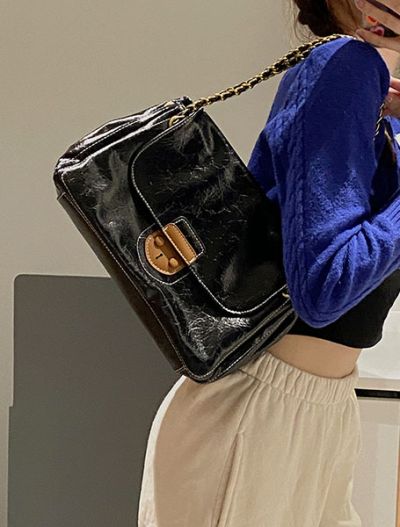 Big size vintage style shining wax synthetic leather shoulderbag flapbag black/green/white - Julia