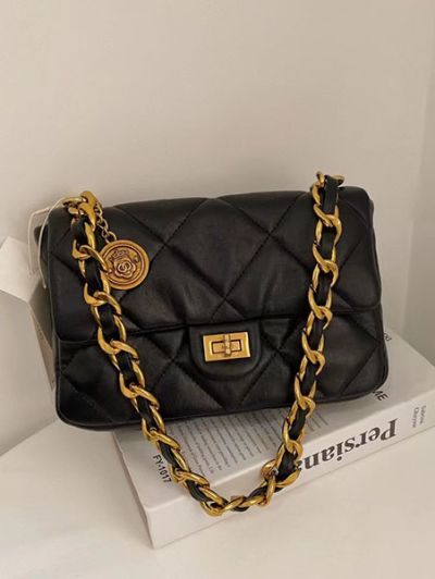 Classic designer inspired middle size quilted flapbag shoulderbag crossbody bag for woman purse black/grey - Jenner