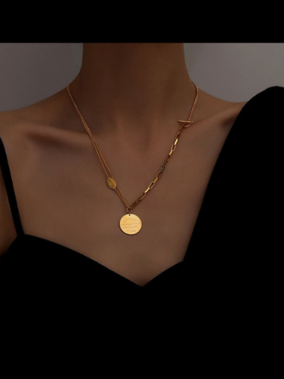 Double layer vintage coin pendant necklace gold plated stainless steel non tarnish- Isabel