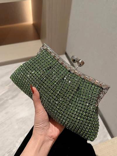 Luxury glamous crystal diamond blingbling evening purse fancy clutch sling bag silver/green- Kendall 