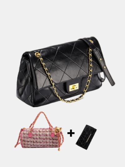 Designer inspired large tote flap bag quilted shoulderbag for woman black - Flora