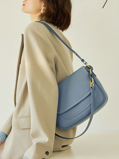 Medium size genuine leather bag shoulder bag satchel sling bag for women white/blue - Everly