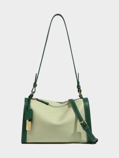 Medium size italian genuine leather bag shoulderbag satchel sling bag for women olive green/caramel - Audrey
