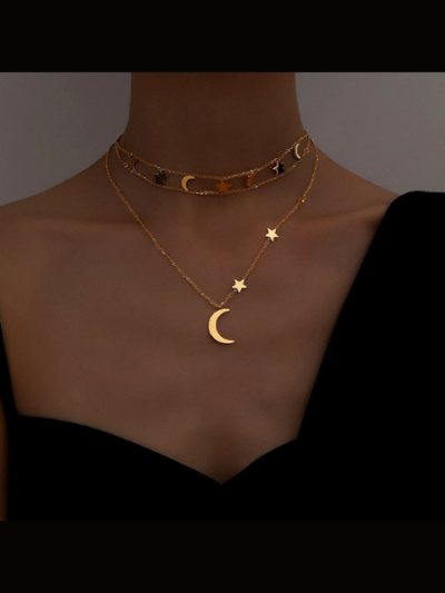 Star and moon double layer gold plated stainless steel choker necklace set non tarnish- Adeline 