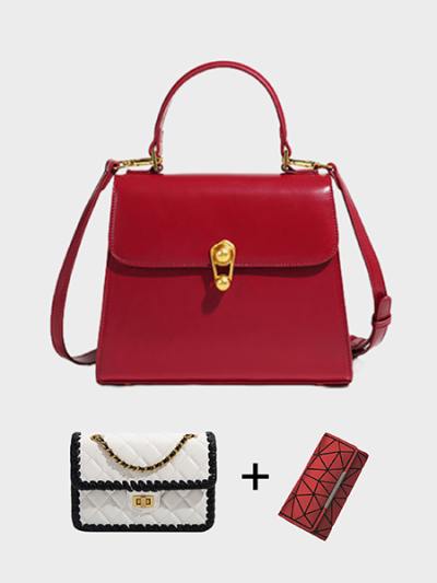 Women handbag shoulder bag messenger bag style vintage satchel red/black/caramel- Mila