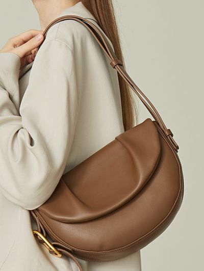 Semi-moon genuine leather saddle bag sling satchel shoulder bag crossbody bag brown/black/white- Autumn
