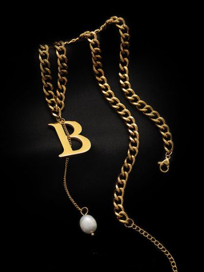 Elégant collier pendentif cubain or lettre B perle acier inoxydable 316L plaqué or- Blaire