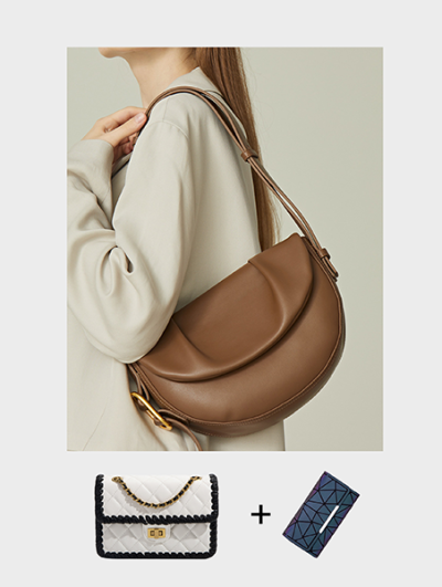 Semi-moon genuine leather saddle bag sling satchel shoulder bag crossbody bag brown/black/white- Autumn